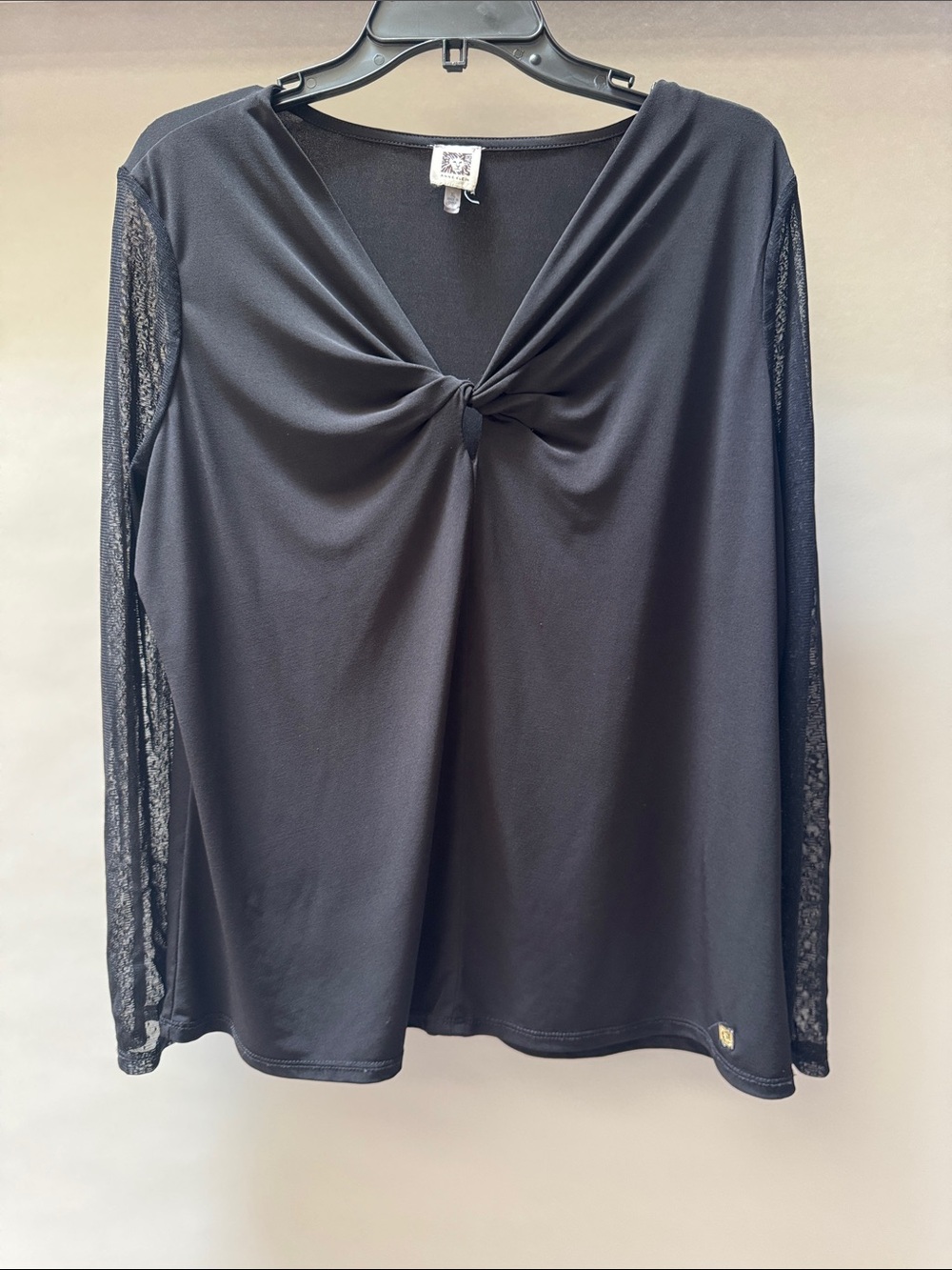 Anne Klein Black Twist-Front Long Sleeve Top with Mesh Sleevs